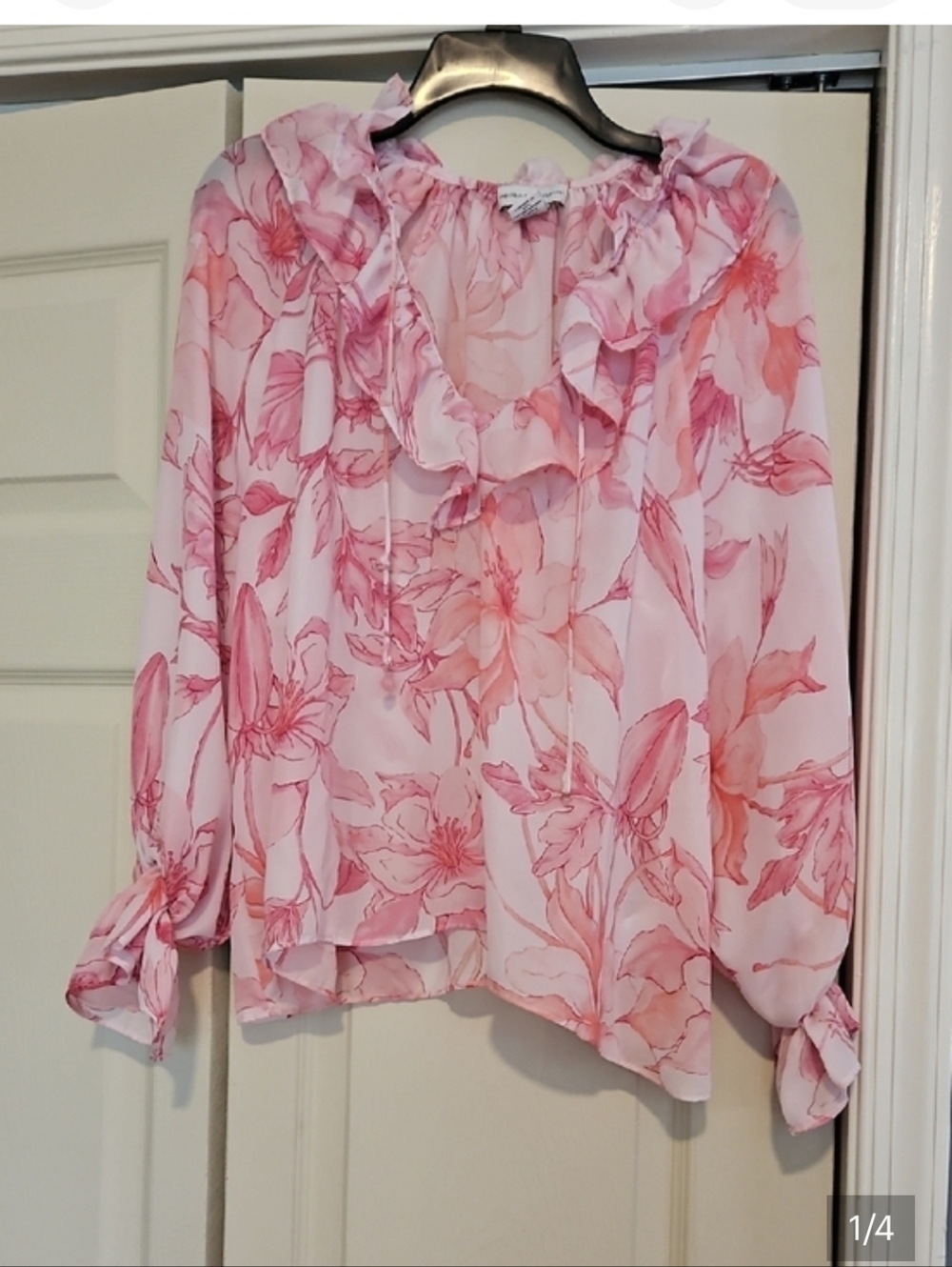 cupcakes & cashmere Pink Floral Ruffle-Neck Peasant Blouse